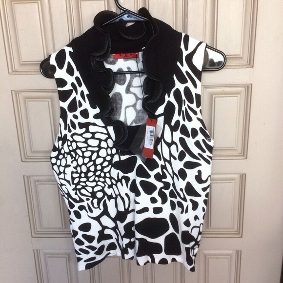 Red Petite Sweater Pullover SzPL Ruffle Collar Abstract Blk/Wht Sleeveless NWT - Picture 5 of 8